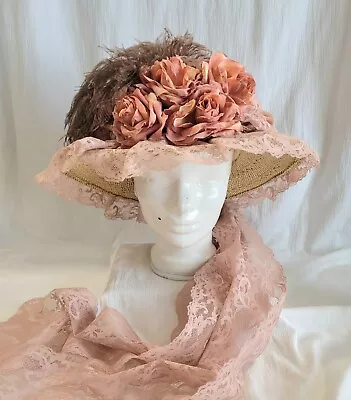 ELSIE MASSEY Victorian Derby Hat Mauve Roses Lace Feather Flower Lace 36  Train • $110