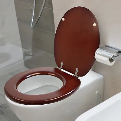 Wooden Toilet Seat Wood Standard Size Walnut Chrome Hinges Fixings Included • £17.99