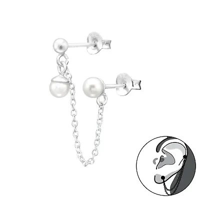 £7.95 • Buy 1x White Pearl With Chain 925 Sterling Silver Ear Jacket Double Earring Stud