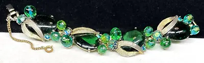 Schiaparelli Signed Bracelet Rare Vintage 7-1/4  Gilt Green Glass Rhinestone A42 • $358