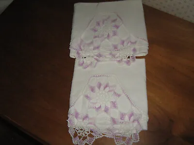 Vintage Pair White PILLOWCASES Delicate Hand Crocheted  Lavender Medallion Edge • $9.99