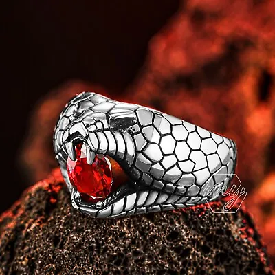 Solid 925 Sterling Silver Red Cubic Zirconia Stone 3D Snake Design Men's Ring • $59.90
