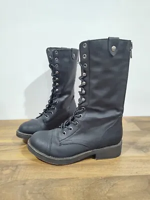 Madden Girl Combat Boots Womens 7m Lace Up Mid Back Zip Black Leather Cap Toe • $35