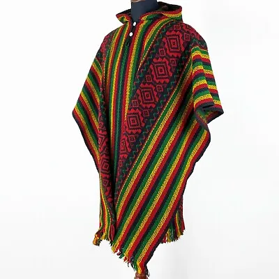 Llama Wool Mens Unisex South American Poncho Cape Coat Jacket Rasta Striped • $79.95