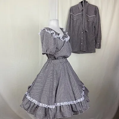 Square Dance 2pc Dress Outfit Skirt Blouse Brown White Gingham Man Shirt Tie  • $99