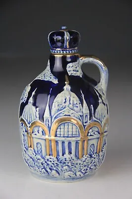 Vintage Cobalt Blue Porcelain Jug Music Box Liquor Decanter Crown Stopper Empty! • $29.99