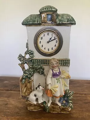 Vintage Porcelain Figural Mantle Counter Tower Clock Girl & Dog Germany 9.5” • $69