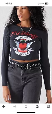 ED HARDY @ Urban Outfitters Long Slv Crop Top Gone Forever Heart S Black T Shirt • £7.99