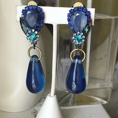 MARNI Blue Poured Droplet Glass Blue Green Rhinestones Drop Clip Earrings  • $111