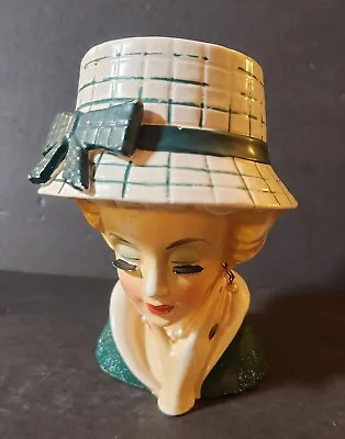 Vintage 1962 Lady Head Vase Rubens Japan #477 Hat W/green Bow Pearls Lashes • $79