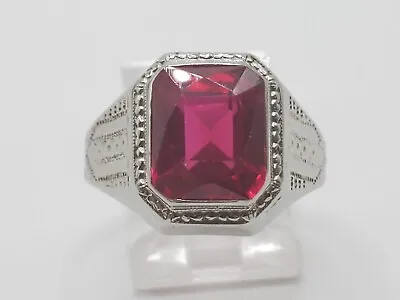 Mens 10k Solid White Gold 2.75ct Ruby Solitaire Vintage Etched Ring Size 7.25 • $274.99