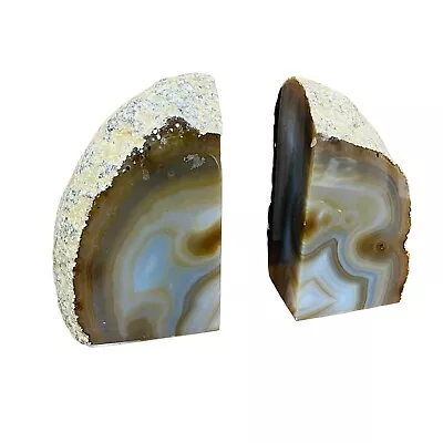 £26 • Buy Natural Brown Agate Bookend Banded Stone Bookends Cut Pair