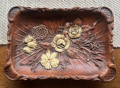 Vtg 1944 Multi Products Inc USA Faux Wood Carved Tray Dish Keys Food Floral • $21.99
