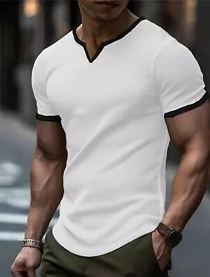 Men's V-neck Solid Color Sport Short Sleeve Loose Muscle Workout Fitness T-shirt • $19.86