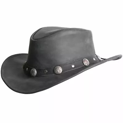 Cowboy Western Style Leather Hat Black Quality Leather Hat Buffalo Coin • £24.95