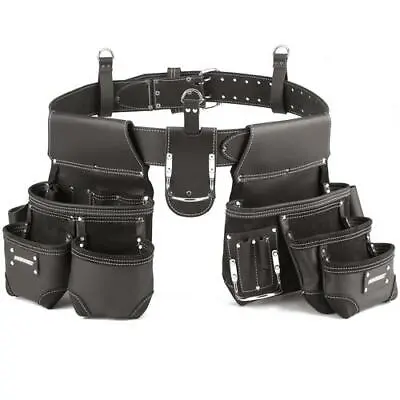 11 Pocket Oil Tanned Premium Leather Carpenter Tool Belt D Ring Suspension Rig • $96.99