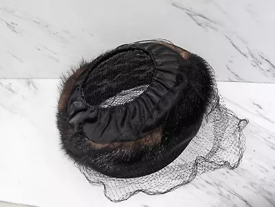 Vintage Union Made Women's Brown Black Mink Fur Trim Hat With Net Veil • $65