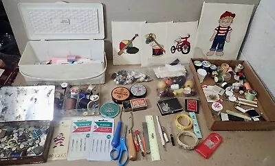 Vintage Sewing Notions Lot Yarn Buttons Tools Cross Stitch Needles Hooks Etc • $34.99