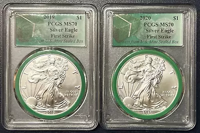 2019 2020 SILVER EAGLE MS 70 Green Label  PCGS 70 Two Coins • $0.01