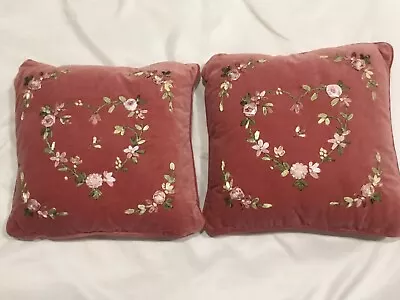 NOS 2 Vintage Ribbon Embroidered Rose Velvet Feel Pillows Floral Decorative 12” • $40