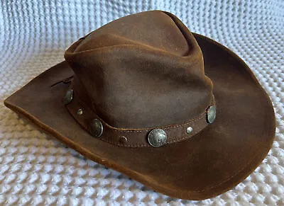 Minnetonka Outback Buffalo Nickel Wide Wire Brim Hat Brown Leather Large • $44.99