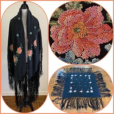 VTG Cross Stitch Embroidered Floral PIANO SHAWL Hand Knotted Fringe Flamenco  • $65