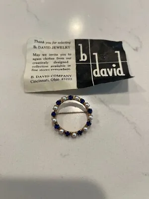 Vintage B. David Round Blue Rhinestones & Faux Pearl Brooch VGC • $7.20