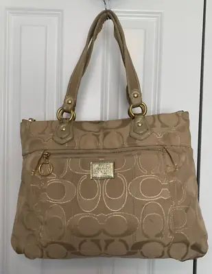 Coach Poppy Gold Signature Glam Tote Handbag Gold Canvas Blue Lining Purse AS IS • $24.95