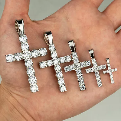 Real Solid 925 Sterling Silver Tennis Cross CZ Iced Pendant Men's Ladies • $22.94