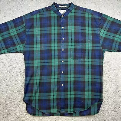 Goouch Shirt Mens Extra Large Blue Green Plaid Button Up Mock  Neck Short Sleeve • $23.79
