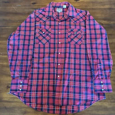 VINTAGE Ely Cattleman Men Button Up Shirt XL Red Plaid  Western Pearl Snap • $19.77