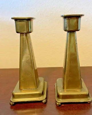 Mission Arts & Crafts Brass Candle Sticks-Pair  Marked Numbered Square Footed • $59