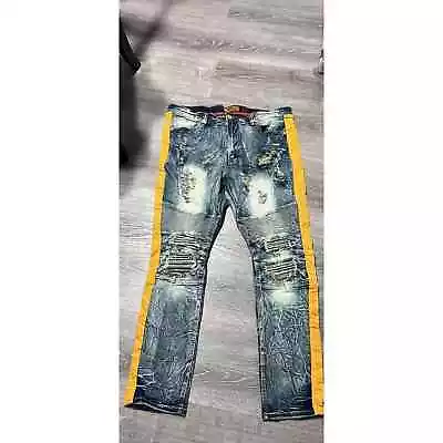 ❥ Makobi MK Mens 40x32  Distressed Dirt Wash Moto Denim Jeans (1A-03-MJ32) • $40