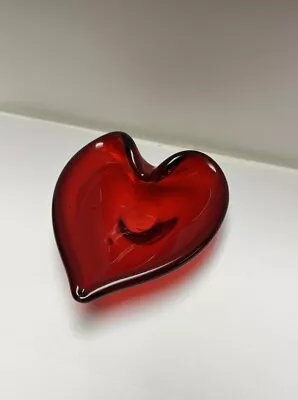 Vintage Small Murano Style Hand Blown Glass Red Heart Candy Trinket Dresser Dish • $15
