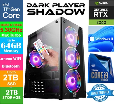 $1749 • Buy DP Shadow I9-11900KF 5.20GHz 64GB RTX 3060Ti OC 1TB SSD Gaming PC WIFI BT WIN 11