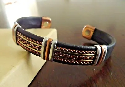 Solid Copper Leather Wrapped Magnetic Bracelet Men Women Energy Pain Jewelry • $10.95