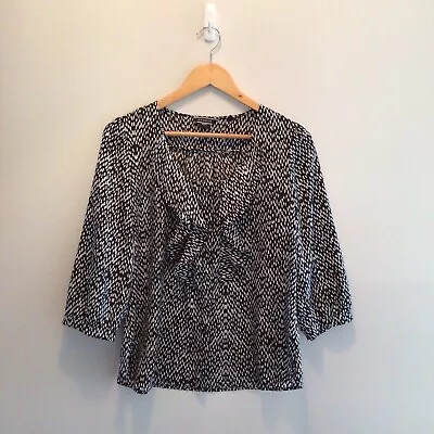 Basque Petite Womens Blouse Top Size 12 Black Ruffle 3/ 4 Sleeve Scoop Neck • $14.90