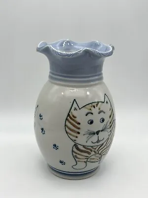 $45 • Buy Rare Signed Jensen Turnage Cat & Mice Art Pottery Vase Blue & White Vintage