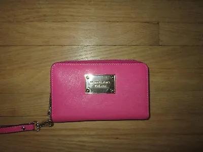 MICHAEL KORS Pink Saffiano Leather Multi Function Phone Case Wristlet Wallet • $40.95