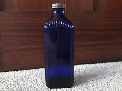 Vintage Cobalt Blue 8 3/8  Medicine Bottle With Metal Screw-On Cap EMPTY • $20