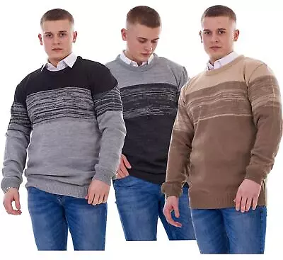 Mens Knitted Jumper Crew Neck Long Sleeve Front Panel Striped Pullover Sweater • £14.95