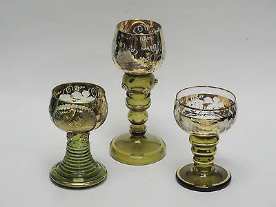 ELABORATE 3 Pcs GERMAN COCHEM MOSEL HAND PAINTED ROEMER HOCK GLASS GOBLET  • $150