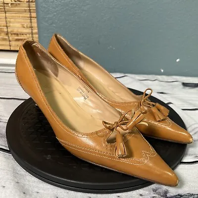 VTG J. CREW  Leather Pointed Toe Kitten Heels Size 11 Made In Italy Bow Tassel • $48.88