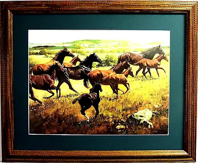 Horse Picture Western Cowboy Mares And Foals  John Leone Matted Framed 16x20 • $67.95