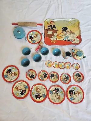 Vintage OHIO ART Tin  Litho 28 Piece Tea Set Girl Bride Boy Groom Marriage Rare • $224.99