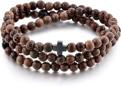 Christian Prayer Beads Rope Bracelet | Wooden Beads + Hematite Cross | Women Men • $9.99