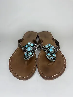 Mystique Brown & Turquoise Studs Leather Flats Sandals Flip Flops Women Size 11 • $27.60