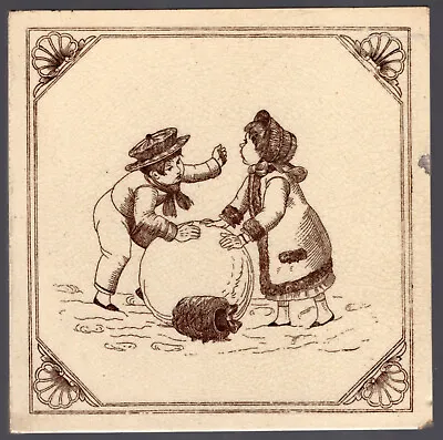 Maw & Co. - C1880 - Snow Children - Childrens Activities - Antique Tile • $55