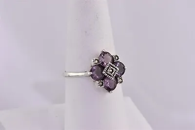 Sterling Silver Purple Clustered Marcasite Accented Band Ring 925 Sz: 8 • $23.50