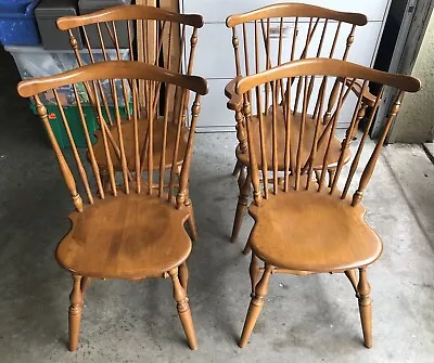 Set Of 4 Ethan Allen Windsor Captain Dining Side Chairs Nutmeg Maple Fiddle Back • $299.99